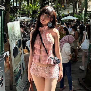 Cutenew Gợi Cảm 2 Bộ Dây Độc Đáo Rỗng Ra Không Tay Áo Vest + Quần Short Sequin Sáng Bóng Nữ Mùa Hè Hot Chick Phong Cách Thường Ngày