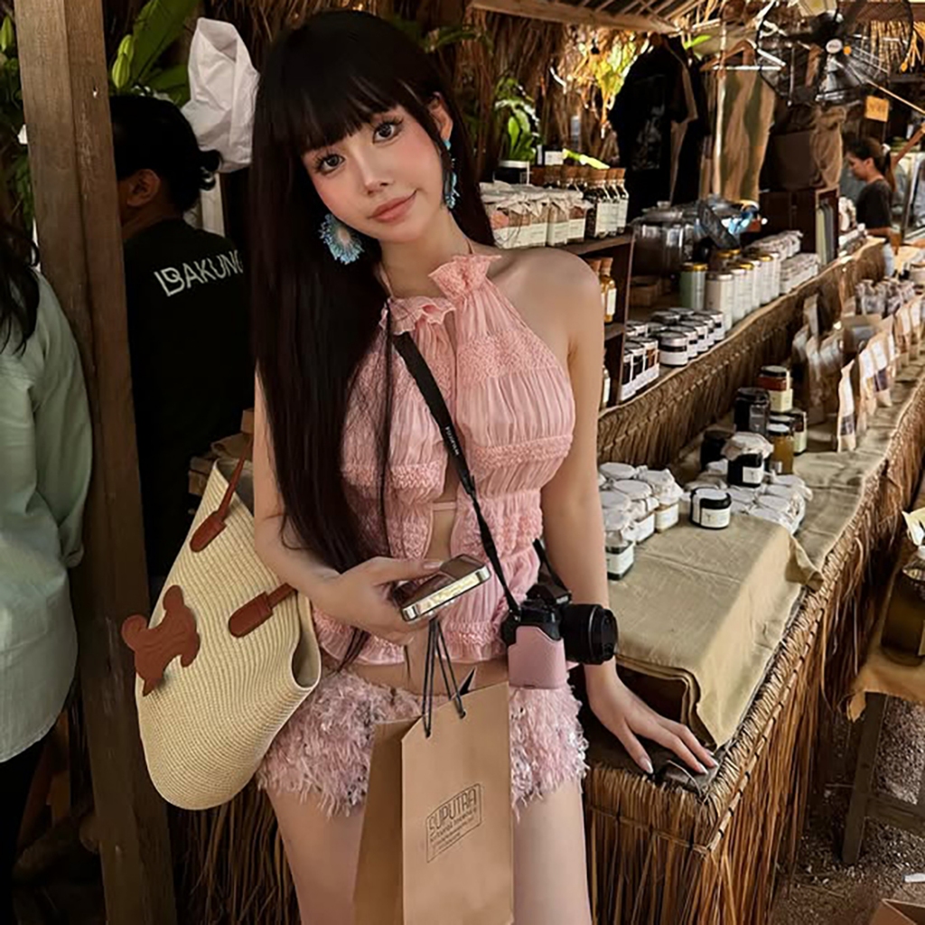 Cutenew Gợi Cảm 2 Bộ Dây Độc Đáo Rỗng Ra Không Tay Áo Vest + Quần Short Sequin Sáng Bóng Nữ Mùa Hè Hot Chick Phong Cách Thường Ngày