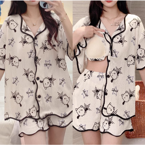 【Có miếng độn ngực – Cotton 100%】Bộ đồ ngủ mặc nhà mùa hè hot trend: Áo tay ngắn + quần soọc – Tiện lợi mặc ở nhà hoặc đi ra ngoài, bán chạy.
