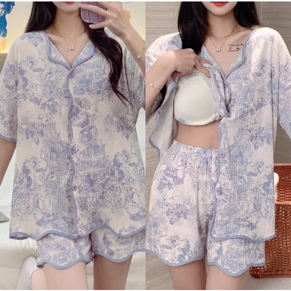 【Có miếng độn ngực – Cotton 100%】Bộ đồ ngủ mặc nhà mùa hè hot trend: Áo tay ngắn + quần soọc – Tiện lợi mặc ở nhà hoặc đi ra ngoài, bán chạy.