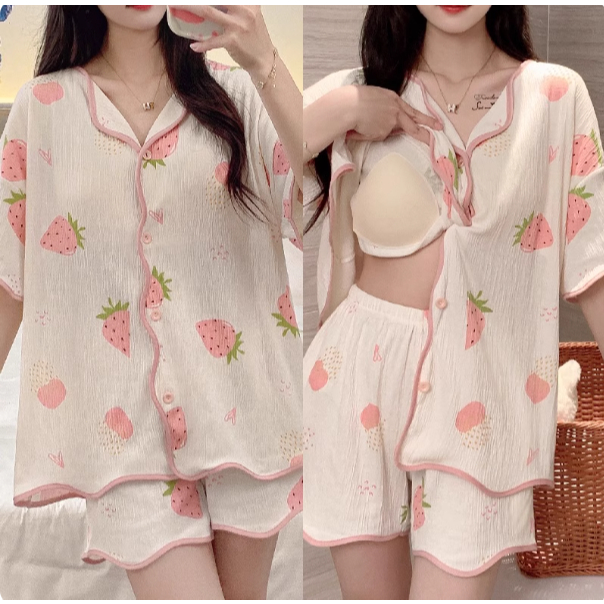【Có miếng độn ngực – Cotton 100%】Bộ đồ ngủ mặc nhà mùa hè hot trend: Áo tay ngắn + quần soọc – Tiện lợi mặc ở nhà hoặc đi ra ngoài, bán chạy.