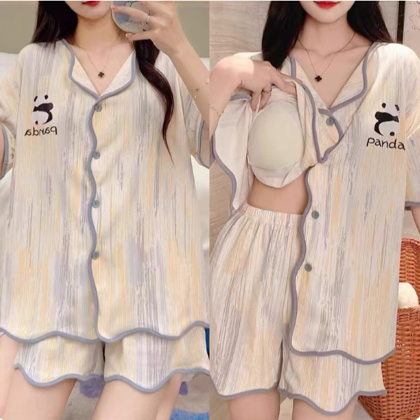 【Có miếng độn ngực – Cotton 100%】Bộ đồ ngủ mặc nhà mùa hè hot trend: Áo tay ngắn + quần soọc – Tiện lợi mặc ở nhà hoặc đi ra ngoài, bán chạy.
