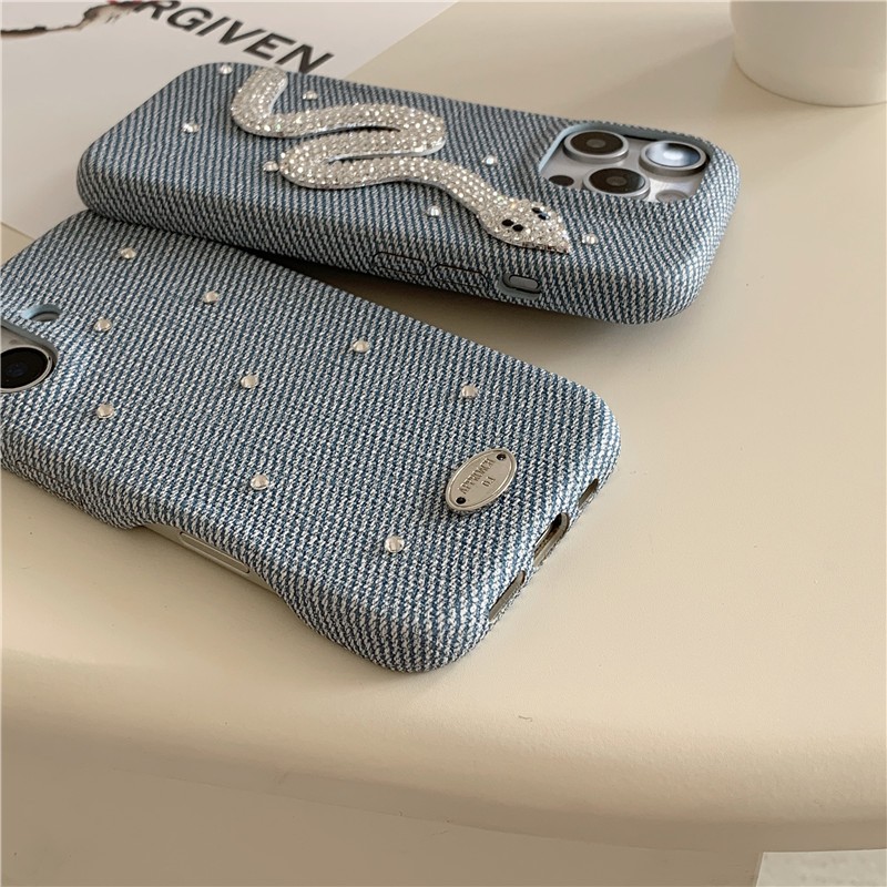 IPhone 17 16 PRO MAX 15 Pro max Denim logo bạc họa tiết kim cương giả Vỏ điện thoại chất liệu PU