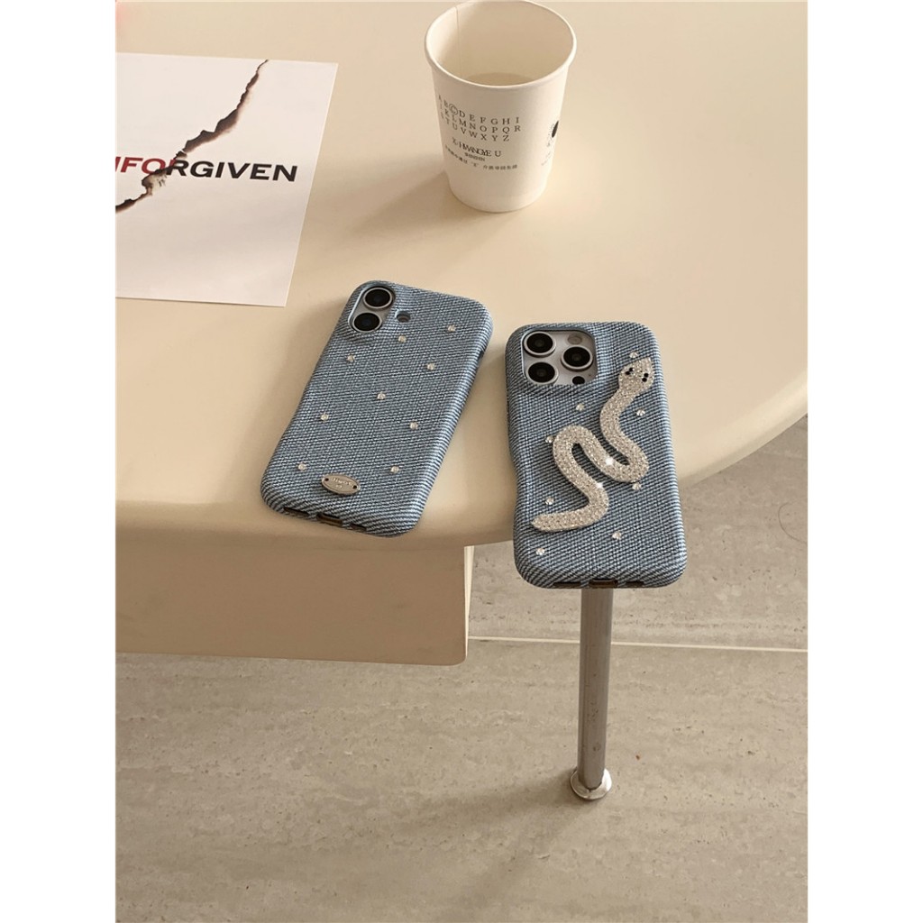 IPhone 17 16 PRO MAX 15 Pro max Denim logo bạc họa tiết kim cương giả Vỏ điện thoại chất liệu PU