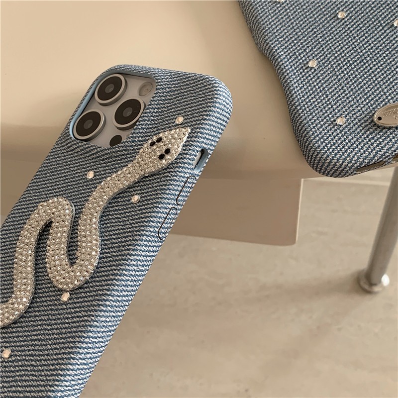 IPhone 17 16 PRO MAX 15 Pro max Denim logo bạc họa tiết kim cương giả Vỏ điện thoại chất liệu PU