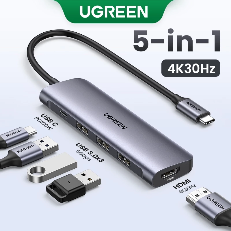 Hub USB C UGREEN với HDMI 4K, Bộ chuyển đổi đa cổng Type C 5 trong 1, Giao hàng nguồn 100W, Dock Thunderbolt 3 với 3 cổng USB 3.0