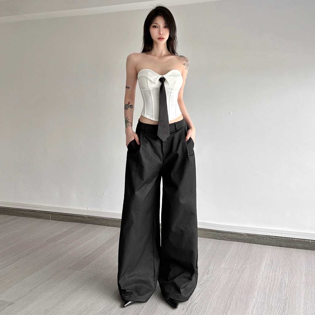 Bộ hai mảnh ngọt ngào Cutenew Áo Vest quây xẻ tà không đều + Quần dài ống rộng eo cao dành cho nữ thời trang phong cách đa năng