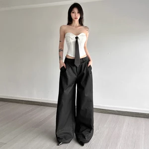 Bộ hai mảnh ngọt ngào Cutenew Áo Vest quây xẻ tà không đều + Quần dài ống rộng eo cao dành cho nữ thời trang phong cách đa năng