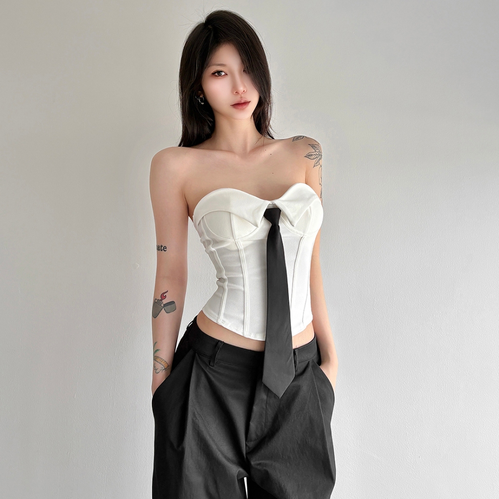 Bộ hai mảnh ngọt ngào Cutenew Áo Vest quây xẻ tà không đều + Quần dài ống rộng eo cao dành cho nữ thời trang phong cách đa năng