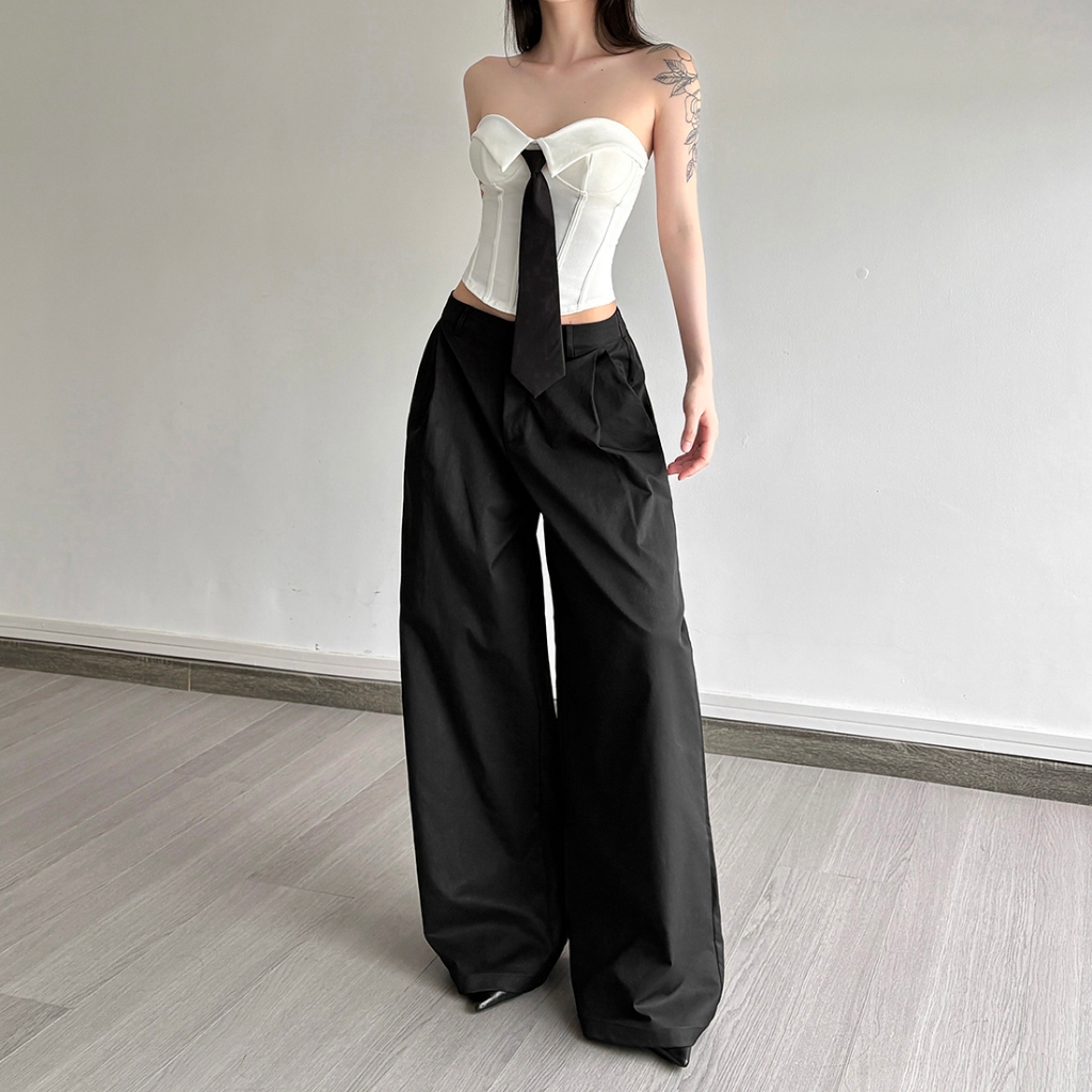 Bộ hai mảnh ngọt ngào Cutenew Áo Vest quây xẻ tà không đều + Quần dài ống rộng eo cao dành cho nữ thời trang phong cách đa năng