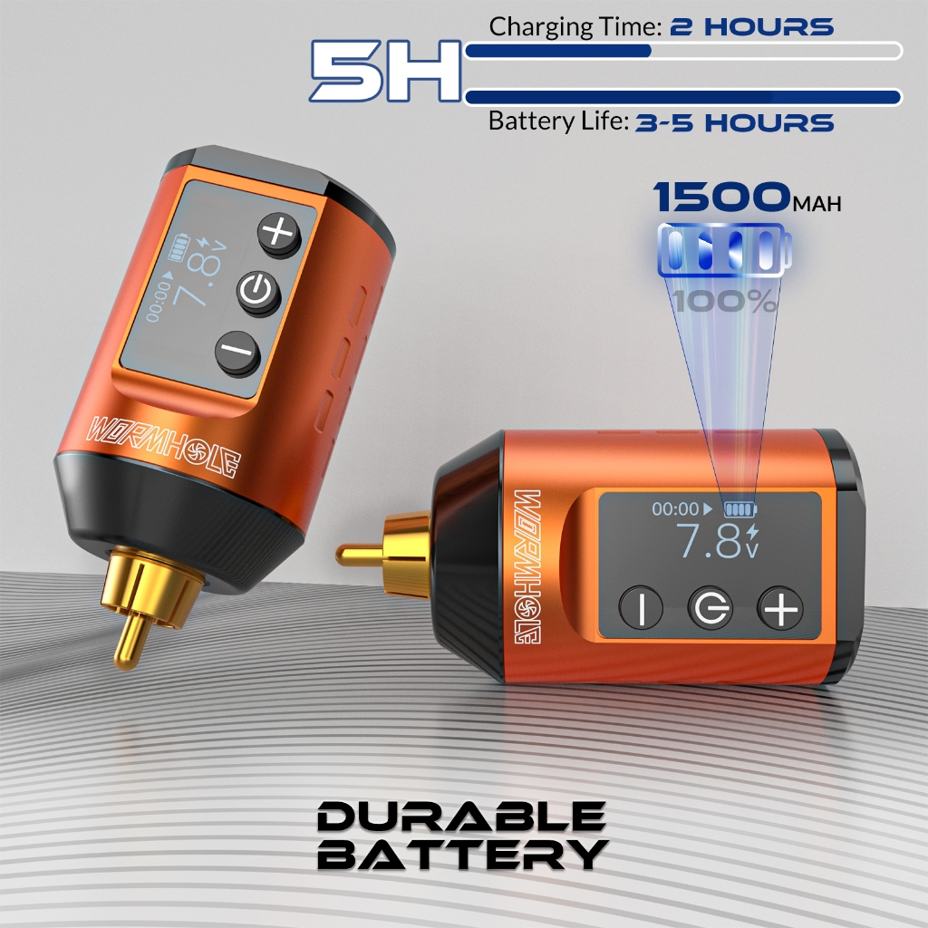 Bộ nguồn bút xăm RCA có thể sạc lại 1500mAh với màn hình LED — Bộ pin đơn (Tương thích với máy xăm PMU)