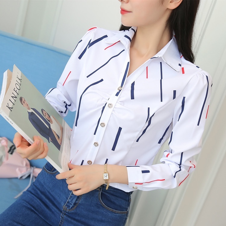 MY S-3XL Cổ Chữ V Gấp Bust Mới Áo Sơ Mi Trắng Nữ Tay Dài Đáy Mỏng Phù Hợp Với Chuyên Nghiệp