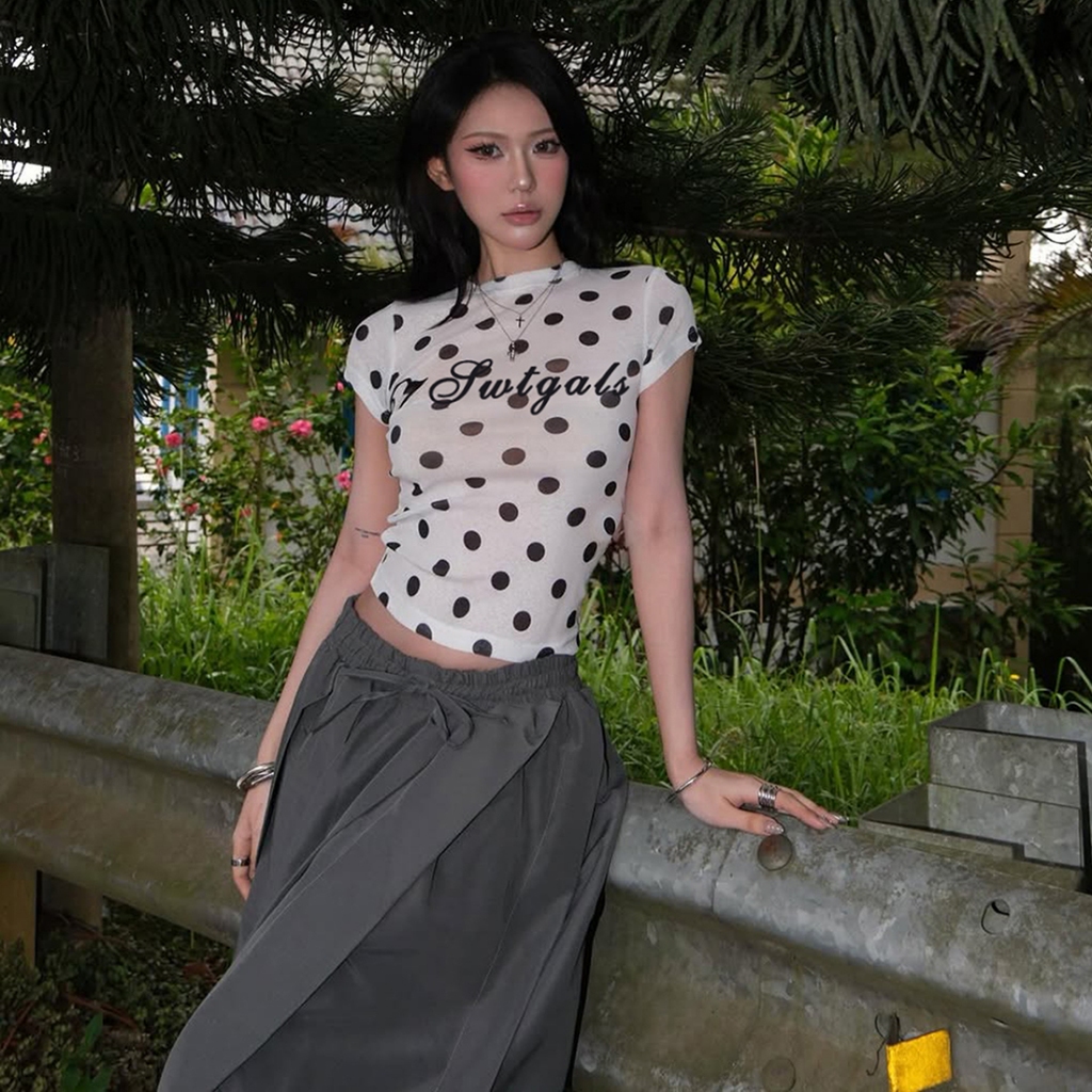 Klalien Áo Thun Cổ Tròn Tay Ngắn Mỏng Skinny Spot In Nữ Mùa Hè Gợi Cảm Hot Chick Phong Cách Đường Phố