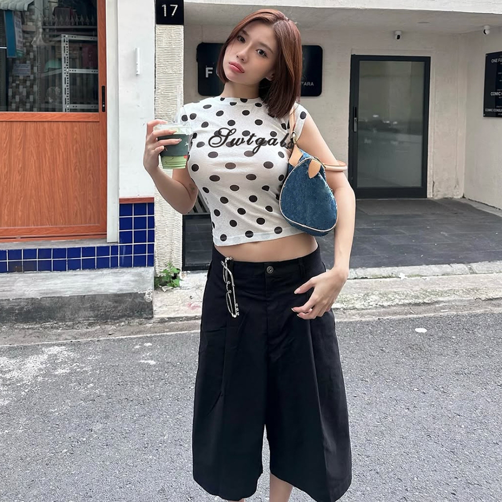 Cutenew Áo Thun Cổ Tròn Tay Ngắn Mỏng Skinny Điểm In Nữ Mùa Hè Gợi Cảm Hot Chick Phong Cách Đường Phố