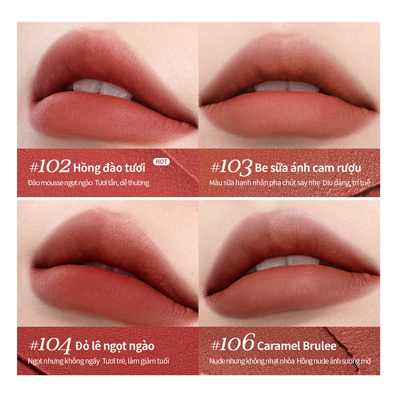Son bùn Mooekiss mỏng nhẹ, lên màu rõ, lâu trôi, cực tôn da, che khuyết điểm vân môi siêu đỉnh, dưỡng ẩm cho nàng môi khô, dùng được cho cả môi và má hồng 2g