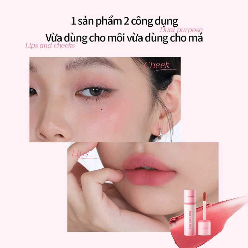 Son bùn Mooekiss mỏng nhẹ, lên màu rõ, lâu trôi, cực tôn da, che khuyết điểm vân môi siêu đỉnh, dưỡng ẩm cho nàng môi khô, dùng được cho cả môi và má hồng 2g
