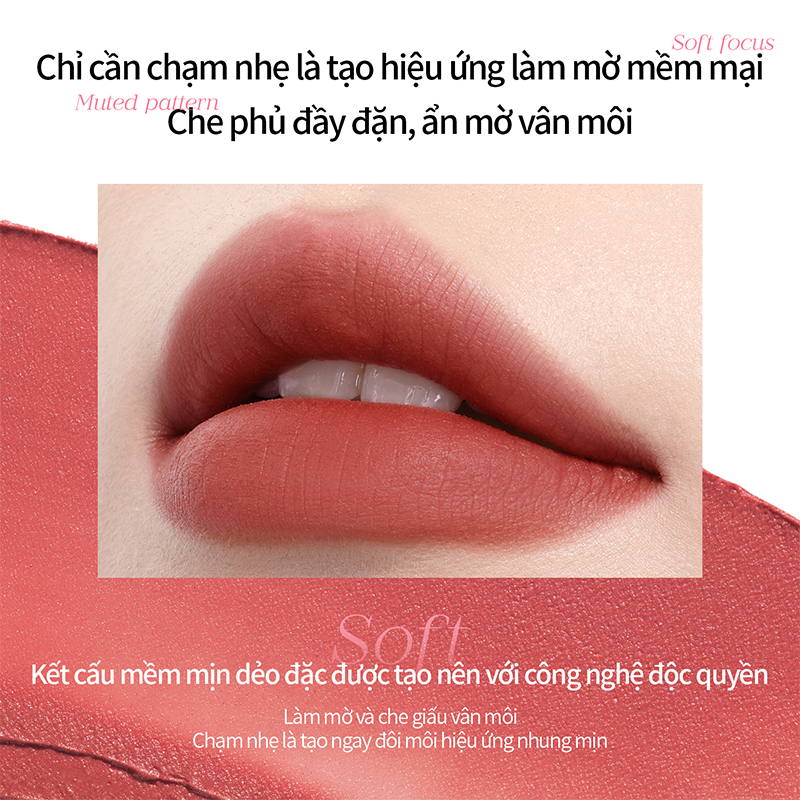 Son bùn Mooekiss mỏng nhẹ, lên màu rõ, lâu trôi, cực tôn da, che khuyết điểm vân môi siêu đỉnh, dưỡng ẩm cho nàng môi khô, dùng được cho cả môi và má hồng 2g
