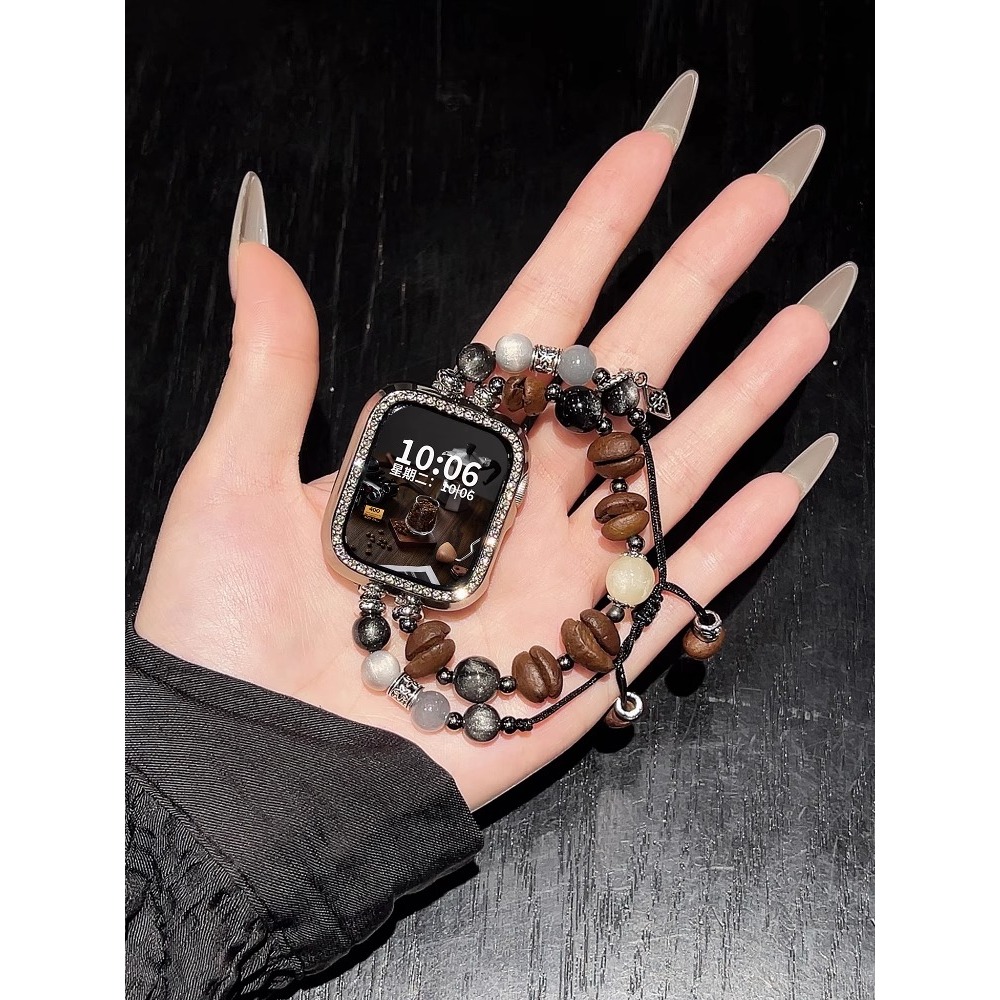 Dây đeo dây rút hạt cà phê hai hàng dành cho nữ Thích hợp cho Apple Watch S11 SE3 Ultra3 S10 S9 S8 SE S7 S6 Ultra 49mm 46mm 42mm 40mm 44mm 41mm 45mm Dây đeo cổ tay