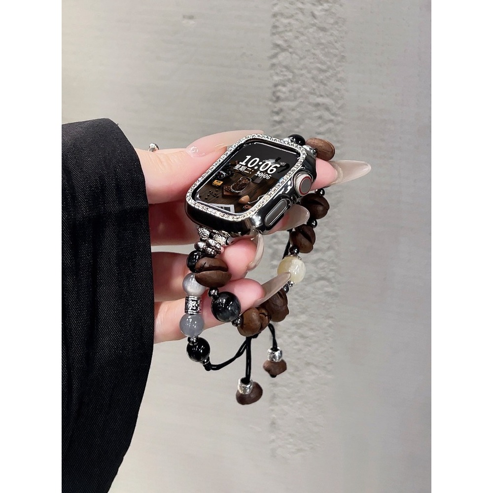Dây đeo dây rút hạt cà phê hai hàng dành cho nữ Thích hợp cho Apple Watch S11 SE3 Ultra3 S10 S9 S8 SE S7 S6 Ultra 49mm 46mm 42mm 40mm 44mm 41mm 45mm Dây đeo cổ tay