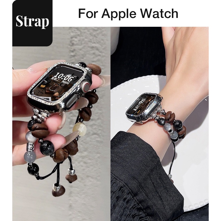 Dây đeo dây rút hạt cà phê hai hàng dành cho nữ Thích hợp cho Apple Watch S11 SE3 Ultra3 S10 S9 S8 SE S7 S6 Ultra 49mm 46mm 42mm 40mm 44mm 41mm 45mm Dây đeo cổ tay