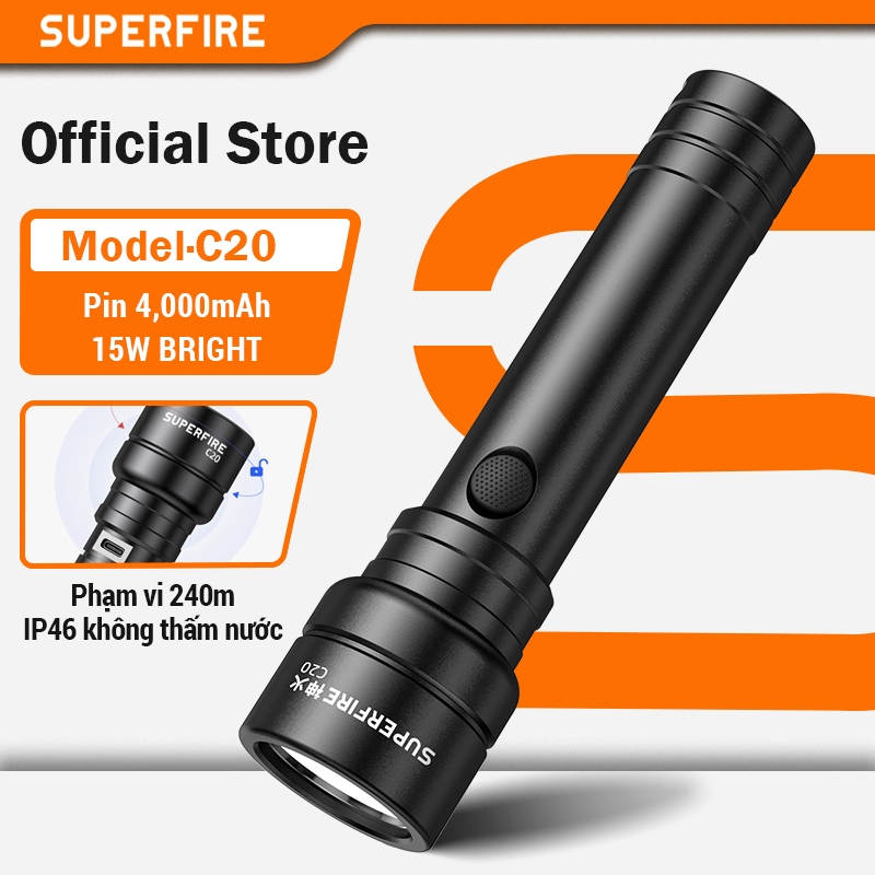 Đèn Pin SUPERFIRE C20 15W Siêu Sáng Chống Nước Sạc USB Cầm Tay Thiết Kế ...