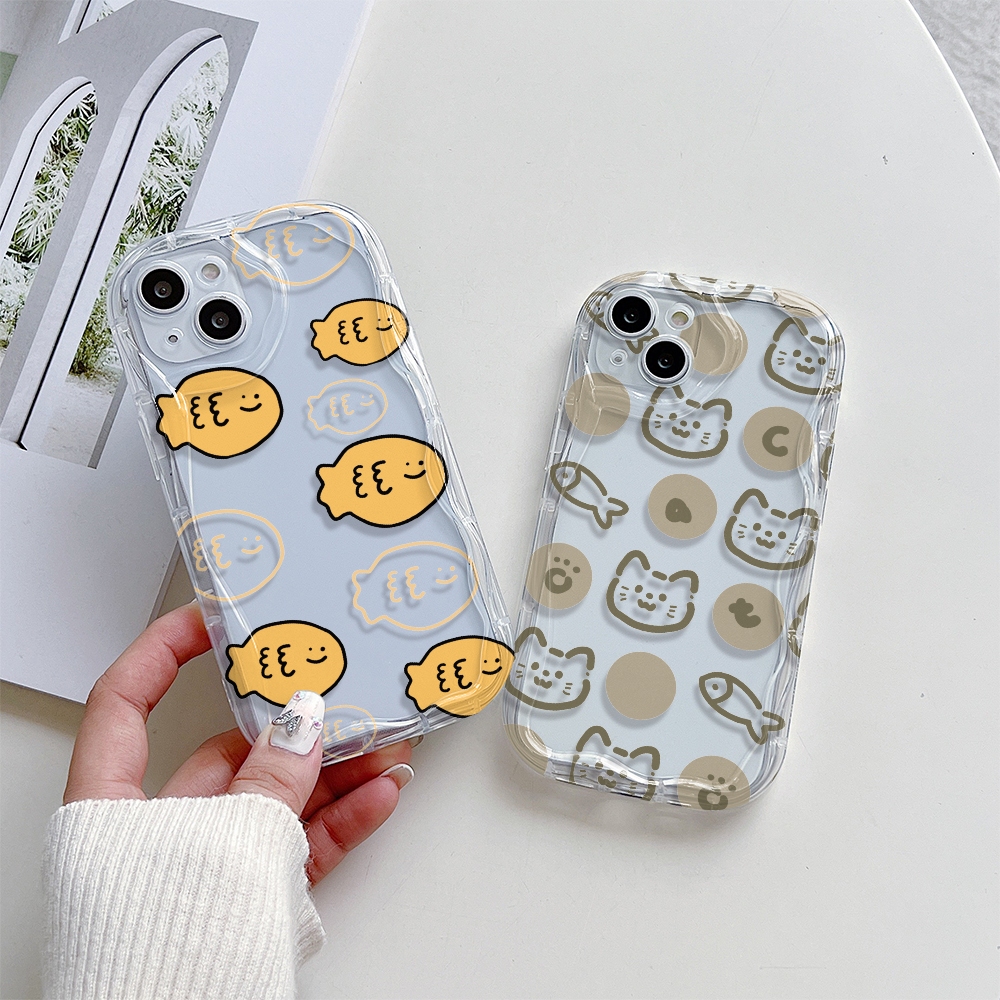Ốp Lưng Samsung Galaxy A06 A05 A04 A17 A16 A15 A14 A13 A26 A25 A24 A23 A36 A35 A34 A33 A32 A56 A55 A54 A53 A73 Hình Bầu Dục Mắt Lớn Họa Tiết Sóng Màu Vàng Cá Và Mèo