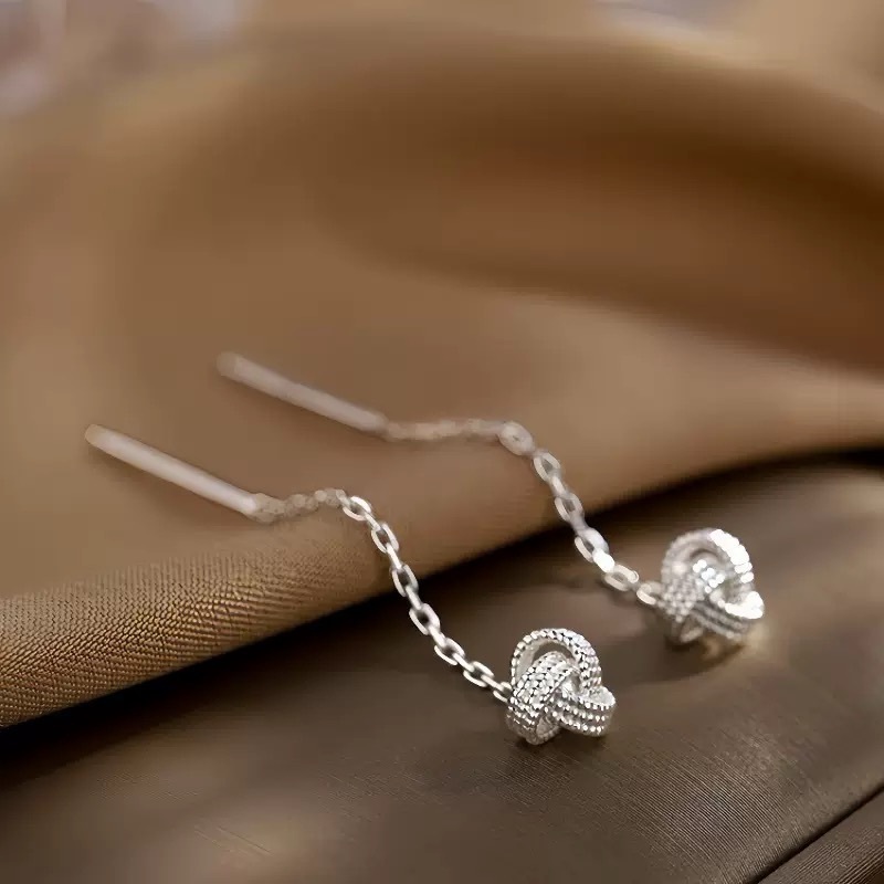 Bông tai thắt nút đồng tâm bạc S925 thời trang Nữ Bông tai chuỗi tua dài