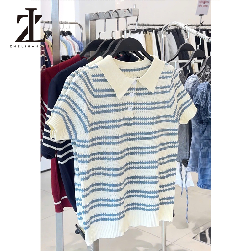 ZHELIHANGFEI Áo len tay cộc dệt kim mỏng mùa thu dáng ôm kẻ xanh blue