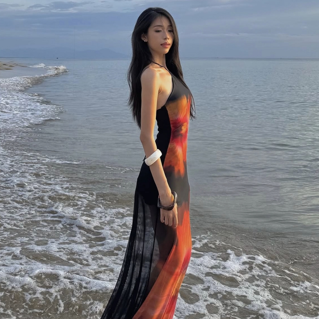 Cutenew In Dây Đầm Lưng Skinny Hông Lưới Nhìn Xuyên Qua Xuất Hiện Cao Hơn Mùa Hè Nữ Hawaii Kỳ Nghỉ Phong Cách