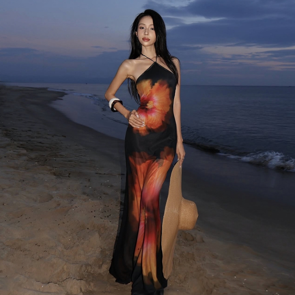 Cutenew In Dây Đầm Lưng Skinny Hông Lưới Nhìn Xuyên Qua Xuất Hiện Cao Hơn Mùa Hè Nữ Hawaii Kỳ Nghỉ Phong Cách