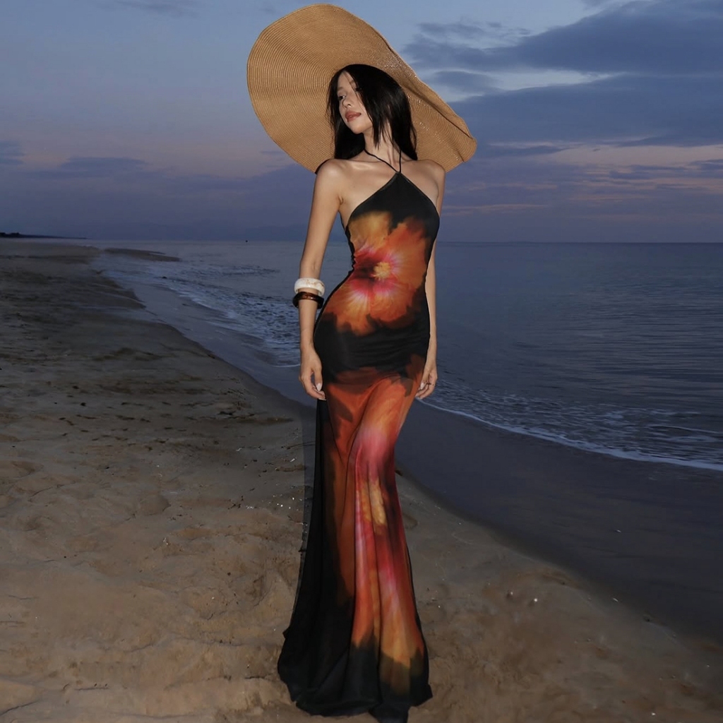 Cutenew In Dây Đầm Lưng Skinny Hông Lưới Nhìn Xuyên Qua Xuất Hiện Cao Hơn Mùa Hè Nữ Hawaii Kỳ Nghỉ Phong Cách