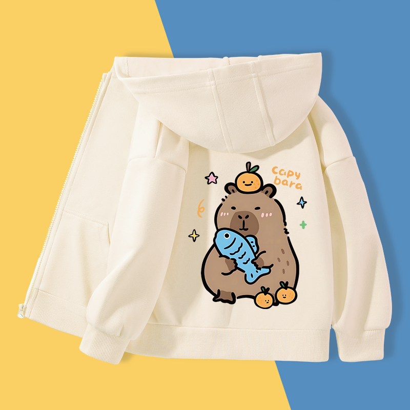 Áo Hoodie Khoác Bé Trai, Kiểu Khoá Kéo Có Túi , áo khoác thể thao bé trai xe in capybara