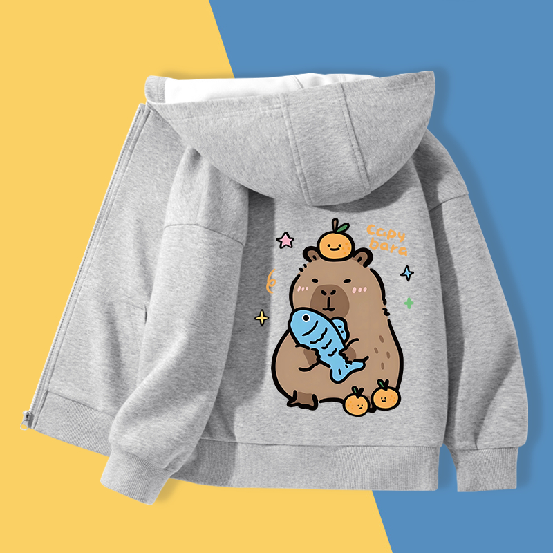Áo Hoodie Khoác Bé Trai, Kiểu Khoá Kéo Có Túi , áo khoác thể thao bé trai xe in capybara