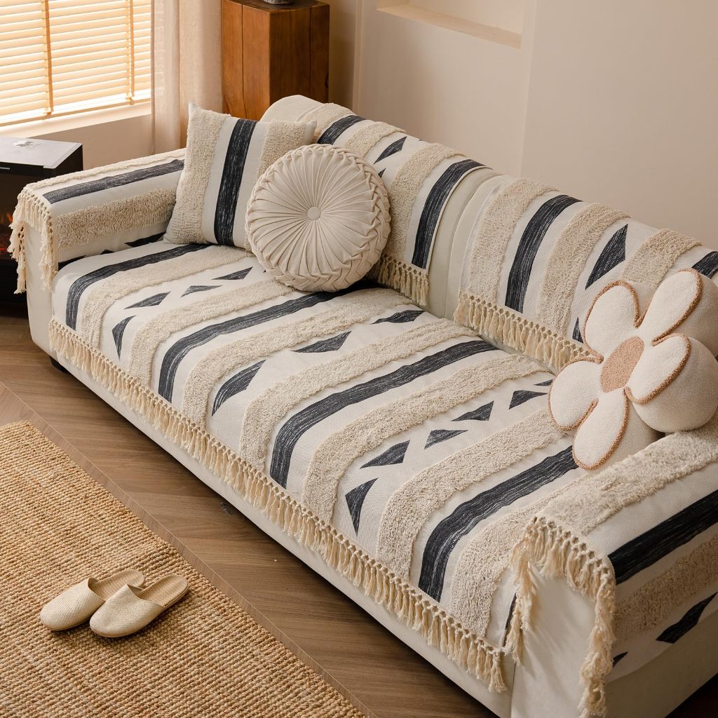 Boho Cotton Vải Lanh Sofa Có Tua Rua Handmade Trang Trại Mộc Mạc Dày Tufted Setcional Ghế Sofa Mềm Chống Trơn Trượt Trượt Có Thể Giặt Đồ Nội Thất Bảo Vệ