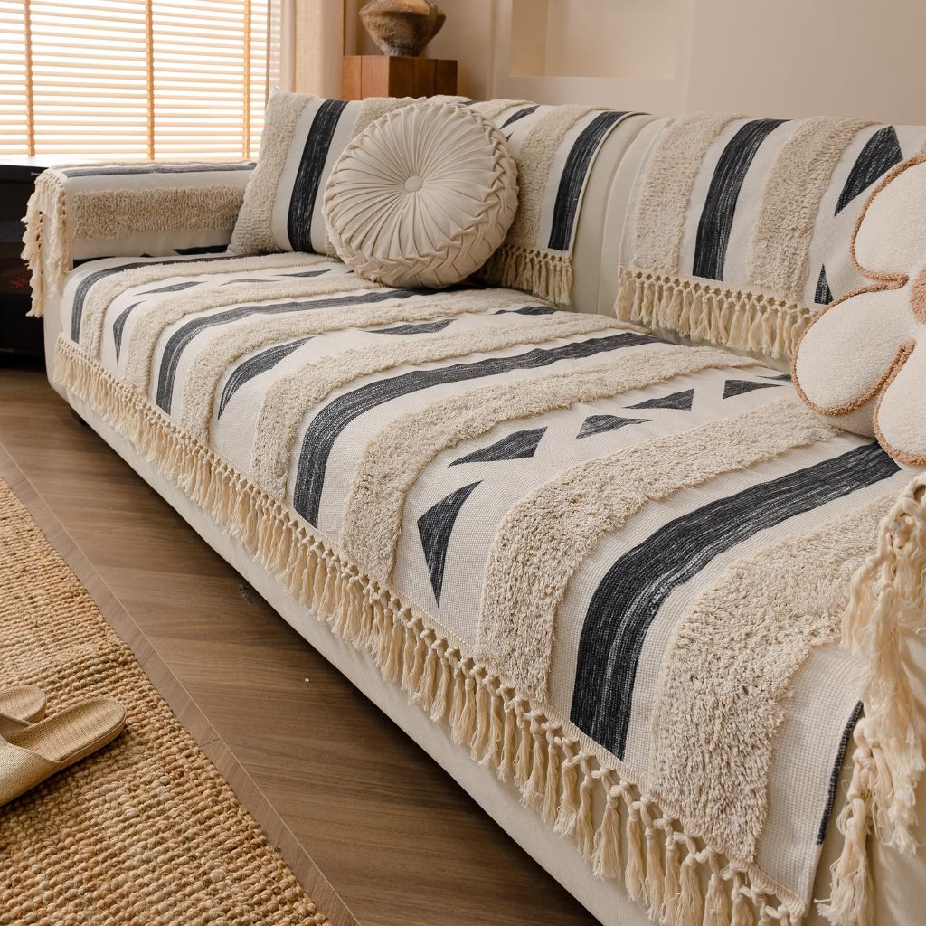 Boho Cotton Vải Lanh Sofa Có Tua Rua Handmade Trang Trại Mộc Mạc Dày Tufted Setcional Ghế Sofa Mềm Chống Trơn Trượt Trượt Có Thể Giặt Đồ Nội Thất Bảo Vệ