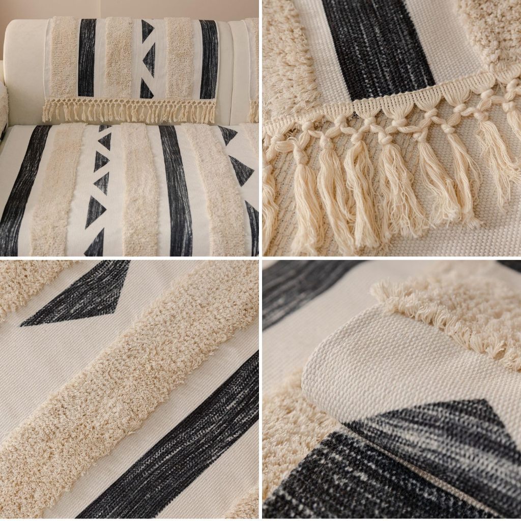 Boho Cotton Vải Lanh Sofa Có Tua Rua Handmade Trang Trại Mộc Mạc Dày Tufted Setcional Ghế Sofa Mềm Chống Trơn Trượt Trượt Có Thể Giặt Đồ Nội Thất Bảo Vệ