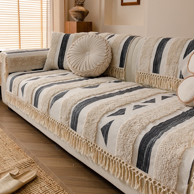 Boho Cotton Vải Lanh Sofa Có Tua Rua Handmade Trang Trại Mộc Mạc Dày Tufted Setcional Ghế Sofa Mềm Chống Trơn Trượt Trượt Có Thể Giặt Đồ Nội Thất Bảo Vệ