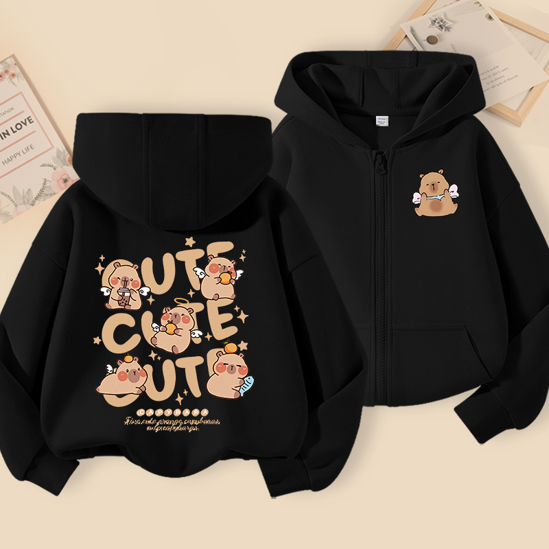 Áo Hoodie bé gái, Áo có mũ có dây kéo có in hình capybara, Thích hợp cho thể thao ngoài trời và trang phục đi học