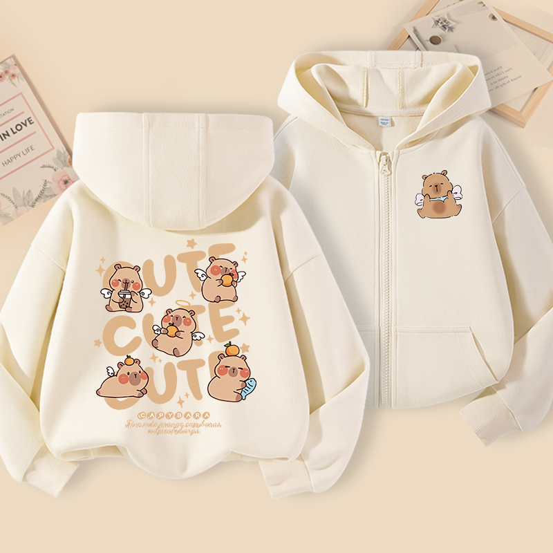 Áo Hoodie bé gái, Áo có mũ có dây kéo có in hình capybara, Thích hợp cho thể thao ngoài trời và trang phục đi học