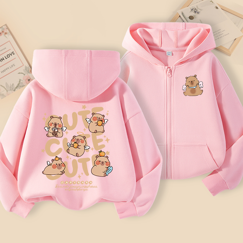 Áo Hoodie bé gái, Áo có mũ có dây kéo có in hình capybara, Thích hợp cho thể thao ngoài trời và trang phục đi học