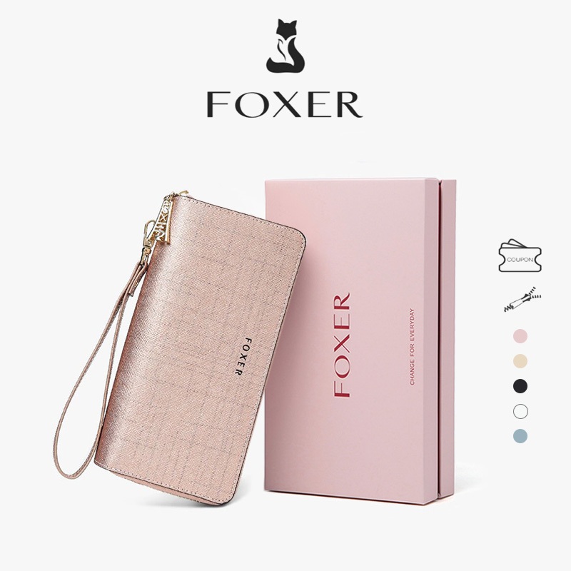 FOXER Ví dài da thật dành cho nữ  Thiết kế vân nổi thời trang  Khóa kéo đôi  Nhiều ngăn  Dung tích lớn