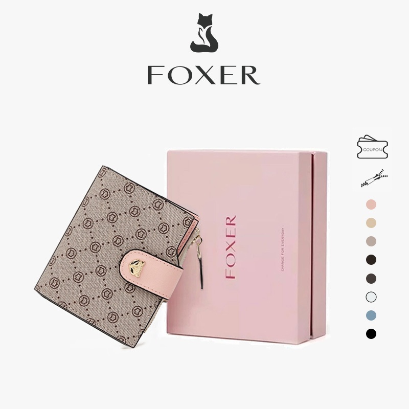 FOXER Ví ngắn bằng da thật Thiết kế cổ điển retro Kiểu dáng thời trang và tiện dụng dành cho nữ Tặng kèm hộp quà