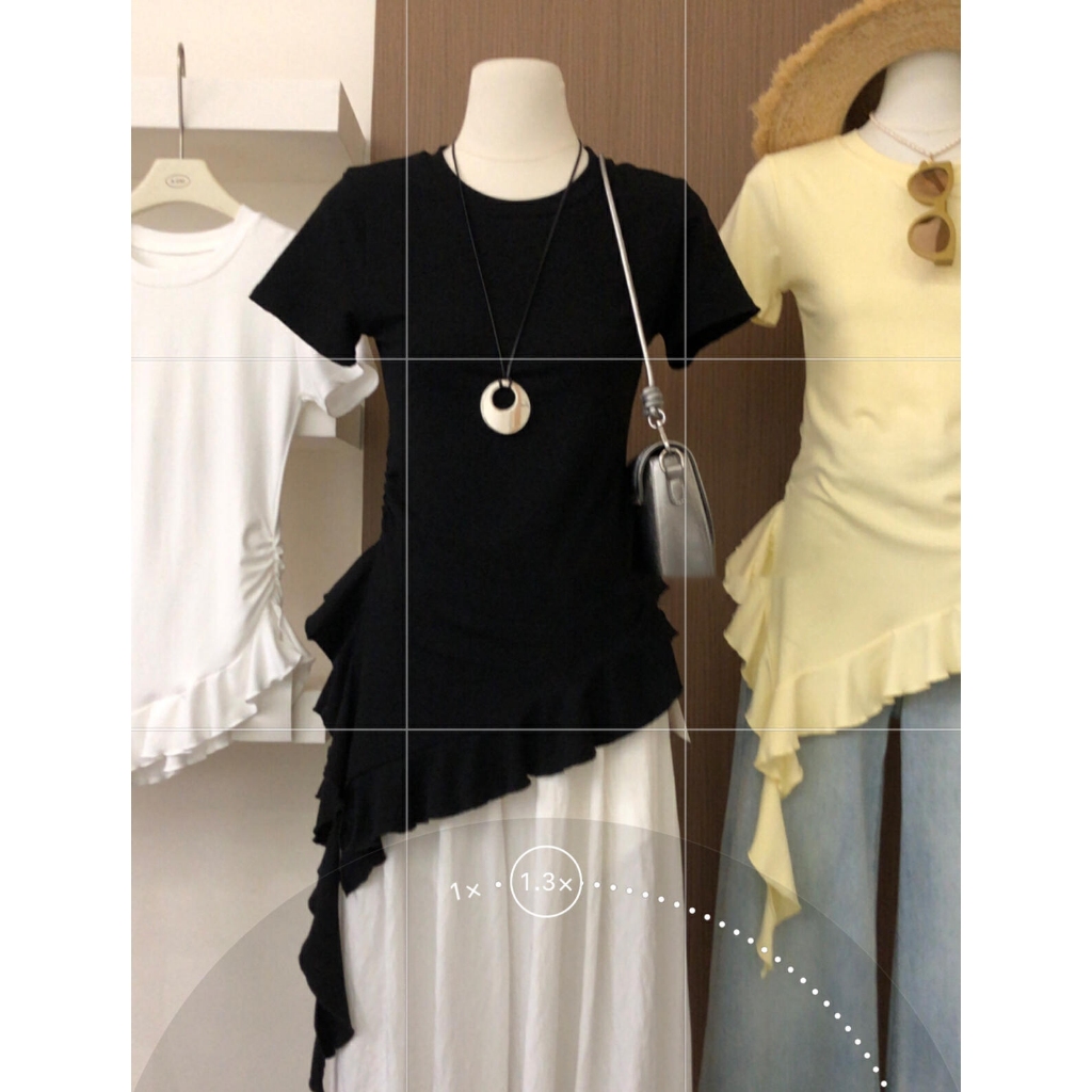 【BANKO】Áo thun ngắn tay màu đen dành cho nữ, form slim-fit, phù hợp mùa hè