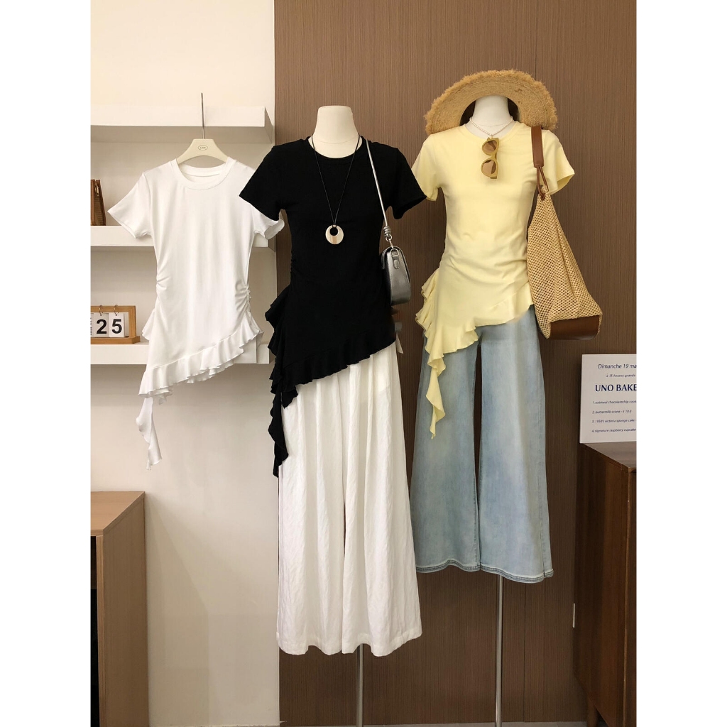 【BANKO】Áo thun ngắn tay màu đen dành cho nữ, form slim-fit, phù hợp mùa hè