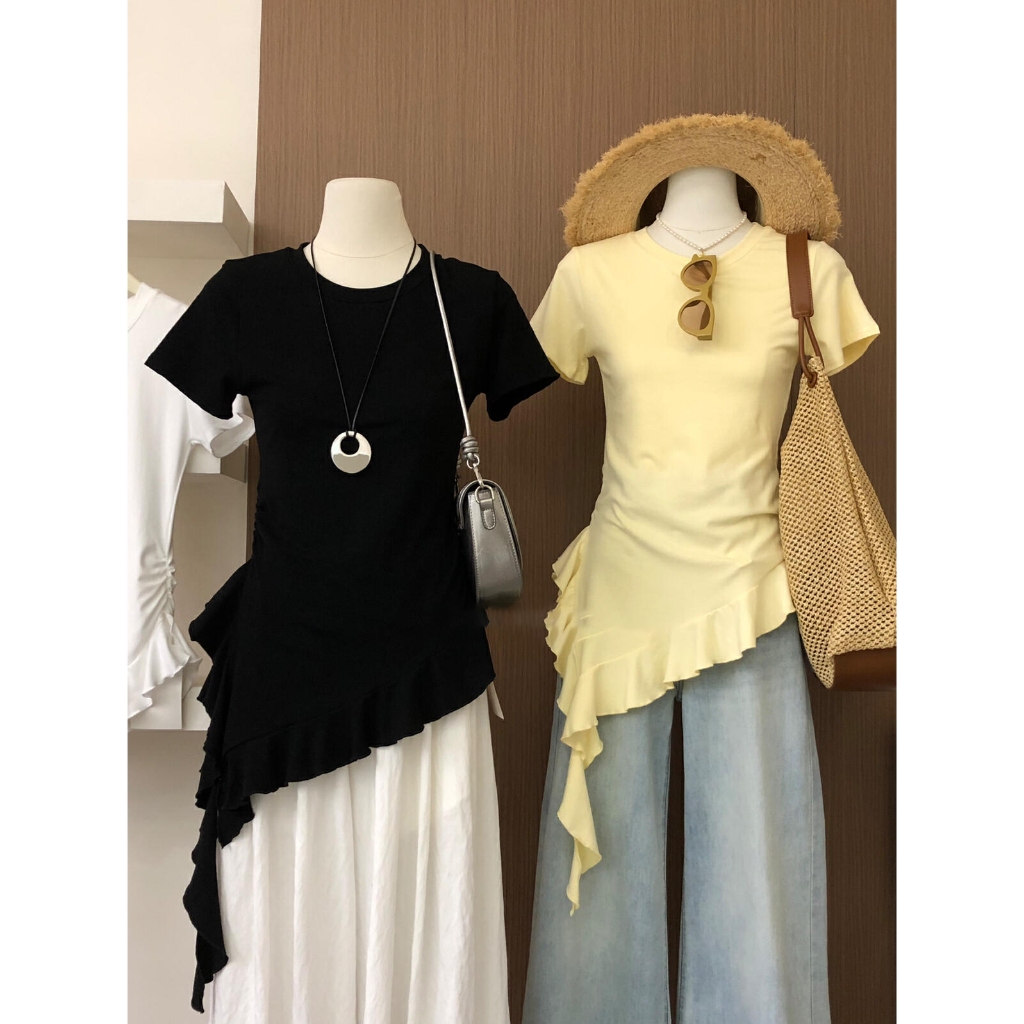 【BANKO】Áo thun ngắn tay màu đen dành cho nữ, form slim-fit, phù hợp mùa hè