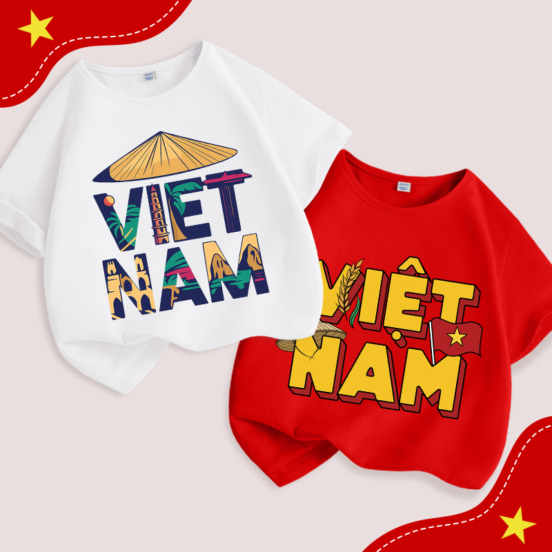 Áo thun bé trai, vải Cotton nguyên chất in chữ Việt Nam, mềm mại thoáng khí Thích hợp cho thể thao ngoài trời mùa hè