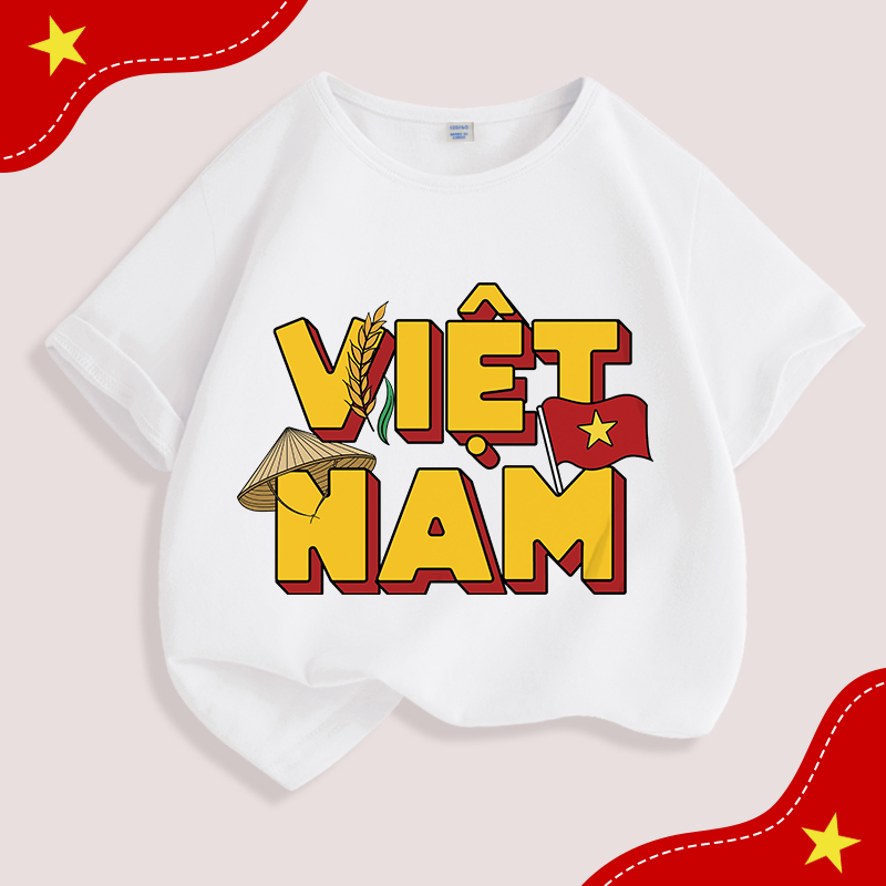 Áo thun bé trai, vải Cotton nguyên chất in chữ Việt Nam, mềm mại thoáng khí Thích hợp cho thể thao ngoài trời mùa hè