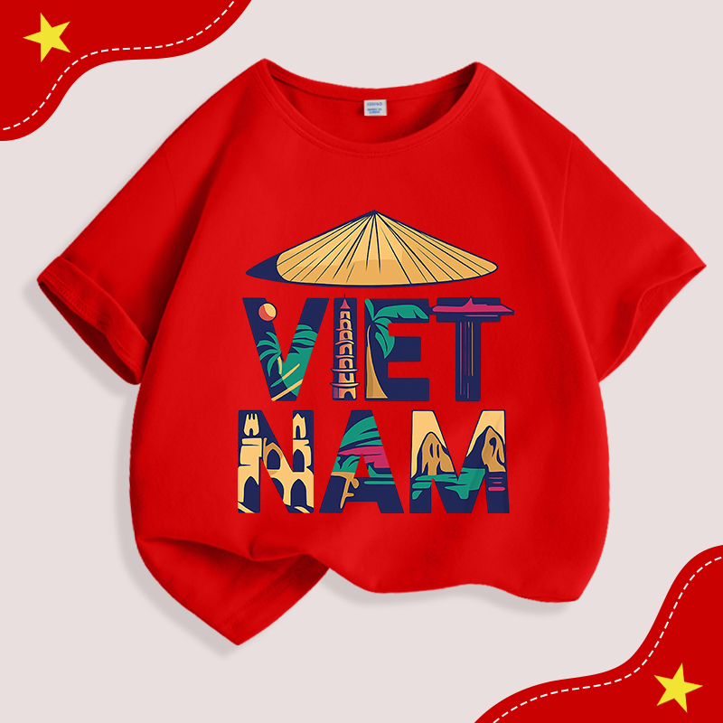 Áo thun bé trai, vải Cotton nguyên chất in chữ Việt Nam, mềm mại thoáng khí Thích hợp cho thể thao ngoài trời mùa hè