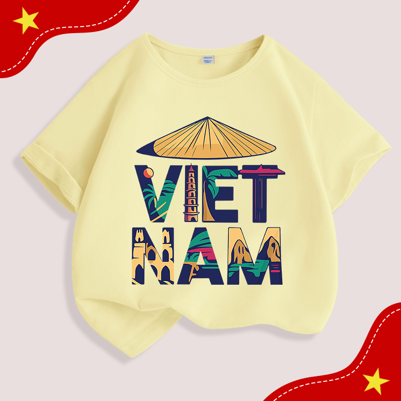 Áo thun bé trai, vải Cotton nguyên chất in chữ Việt Nam, mềm mại thoáng khí Thích hợp cho thể thao ngoài trời mùa hè