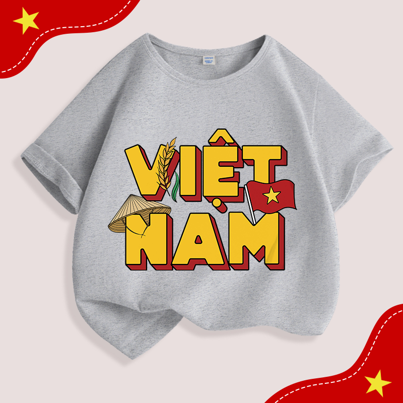 Áo thun bé trai, vải Cotton nguyên chất in chữ Việt Nam, mềm mại thoáng khí Thích hợp cho thể thao ngoài trời mùa hè